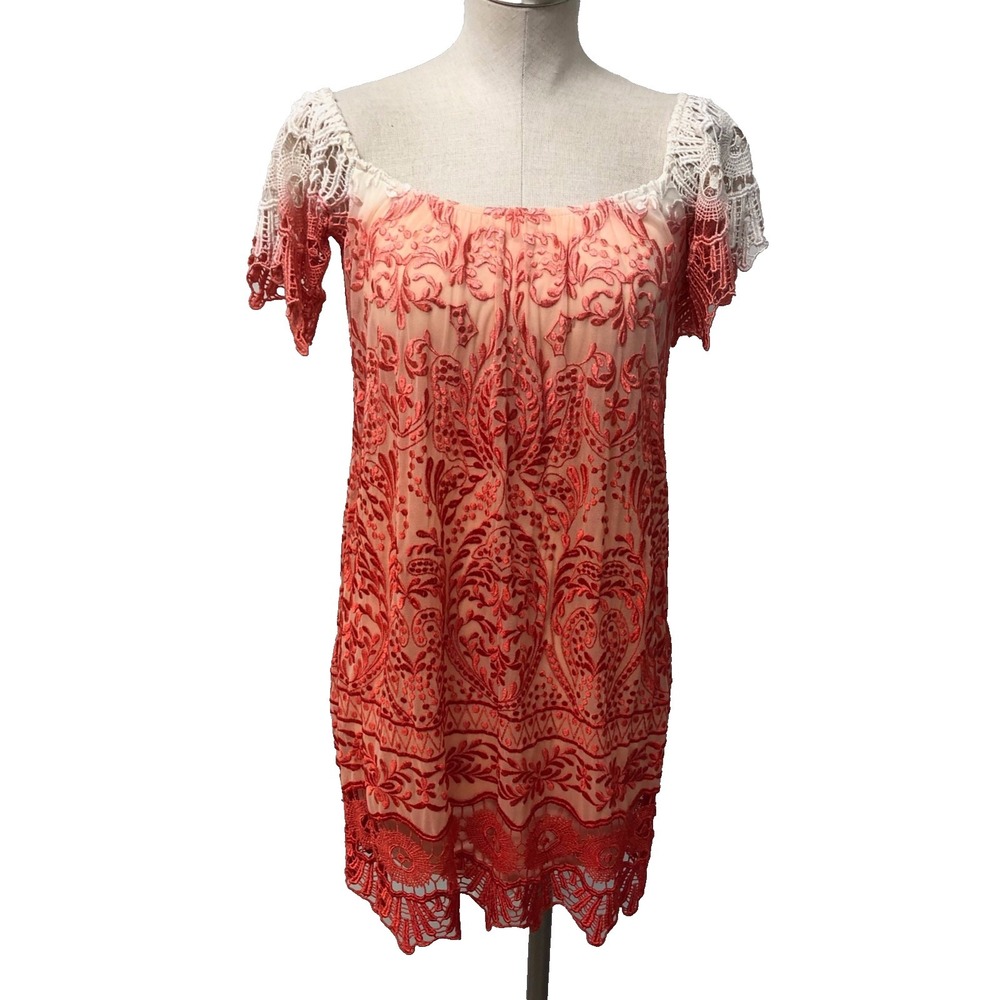 Sky Jabir Mini Dress Womens Medium Orange Lace Overlay Off The Shoulder Beachy